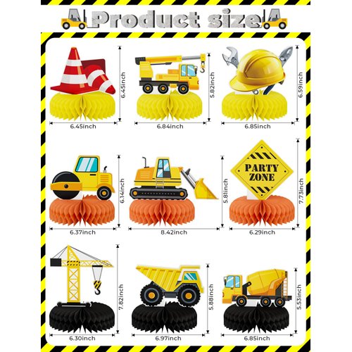 Adeyoo 9Pcs Construction Party Honeycomb Centerpieces Construction Vehicles Table Decorations Trucks Cars Centerpieces for Construction Theme Birthday Party Supplies