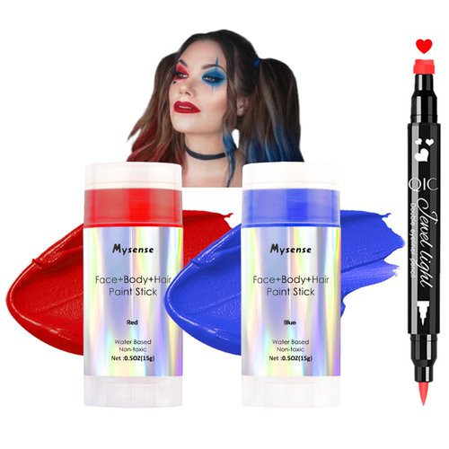 Mysense Harley Costume Accessories Makeup Kit,Red Blue Face Body Paint Water Based Washable Temporary Hair Color,Non-toxic Cream Facepaint Stick for Adults and Children Halloween Cosplay Makeup