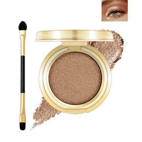 Single Gold Shimmer Eyeshadow,Pearl Glitter Eye Shadow Palette with Brush, Shimmery Illuminating Finish,Long Lasting Waterproof Cream Eyeshadow High Pigmented Ultra-Blendable Sparkly Eye Makeup-06