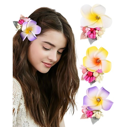 HAIMEIKANG 3 PCS Hawaiian Flower Hair Clips - Plumeria Flower Hair Clips for Women Artificial Tro...