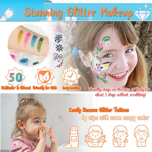 TEUVO Kids Glitter Tattoo Kit with 50 Colors Glitter Powder, 132 Stencils, 10 Luminous Sticker, 6 Glow-in-the-Dark Powder, Body Face Glitter Makeup Temporary Tattoos for Halloween Christmas Birthday