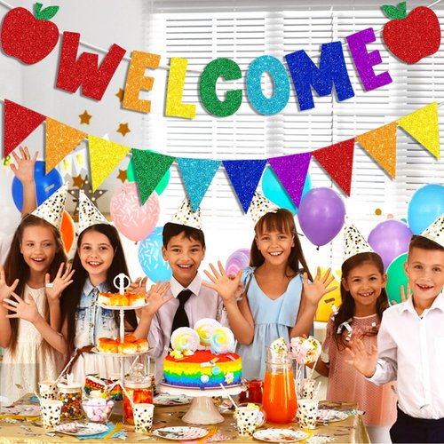 Glitter Welcome Banner with Apple Sign Colorful Glittery Pennant Banner Welcome Back to School Decorations First Day of School Party Decorations Welcome to Kindergarten School Classroom Teacher Office