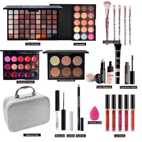 KARUIZI All in One Makeup Kit,Makeup Kit for Women, Teens and Girls, All-in-One Set with Eyeshadow Palettes, Lipsticks, Brushes, Storage Bag,Makeup gift set girls makeup sets ages 8-12 (Silver)