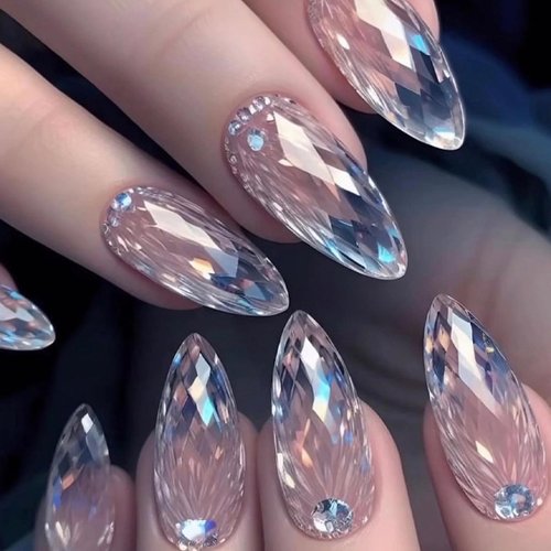 MISUD Press on Nails Medium Almond Fake Nails Glossy Glue on Nails Bling Ombre Acrylic Nails Stiletto Artificial Nails Rhinestone Stick on False Nails with Sparkly Design 24 pcs