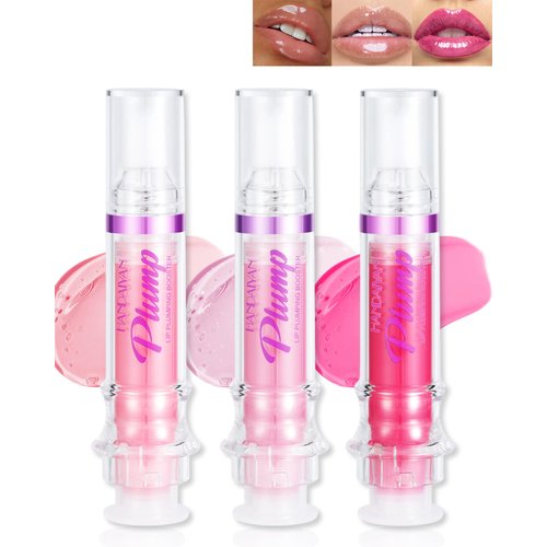 Lip Plumping Booster Gloss, Plump And Pout Lip Plumper Gloss with Chili Extract, Hydrating Volumizes &Reduce Fine Lines Lip Glow Oil, Glossy Finish Lifter Gloss High Shine Lip Glaze for Women-01+02+03