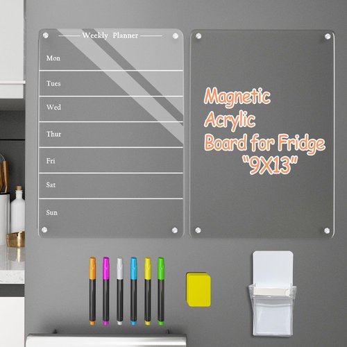 Todkoding 2 PCS 9"x13" Clear Weekly Meal Planner Magnetic Acrylic Board,Acrylic Magnetic Dry Erase Board for Fridge, Magnet Week Calendar for Refrigerator Includes 6 Colors Markers and Pen Container
