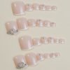 24Pcs White French Press on Toenails Short Square Fake Toe Nails Pink Toe Nail Press Ons with Heart Rhinestone Design Acrylic Full Cover Toe Nail Tips Press on Toenails for Women