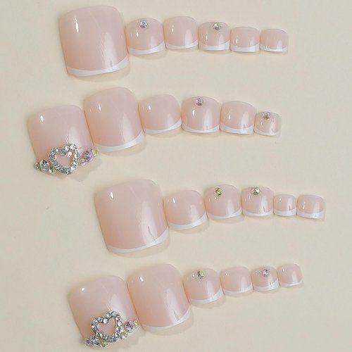 24Pcs White French Press on Toenails Short Square Fake Toe Nails Pink Toe Nail Press Ons with Heart Rhinestone Design Acrylic Full Cover Toe Nail Tips Press on Toenails for Women