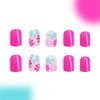 Pink Flower Press on Nails Short Square Fake Nails Spring False Nails with Hot Pink Acrylic Nails Floral Design Stick on Nails Full Cover Glossy Glue on Nails Artificial Nails for Women Manicure 24Pcs