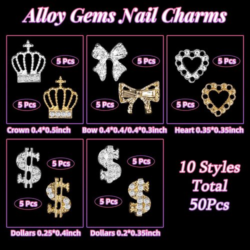 50 Pcs 3D Metal Alloy Nail Charms Gems, Dollar Crown Nail Diamond Charms, Gold Silver Bowknots Heart Rhinestones Nail Gems Luxury Nail Jewels Nail Art Supplies for Women DIY Nail Manicure Decor