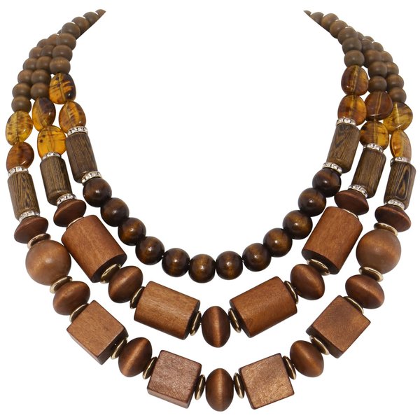 Coiris 3 Layer Chunky Wood Beaded Necklace Exaggerated Statement Bead Collar Necklace Bib Necklaces (N0100-Cylinder+Ball+Cube)