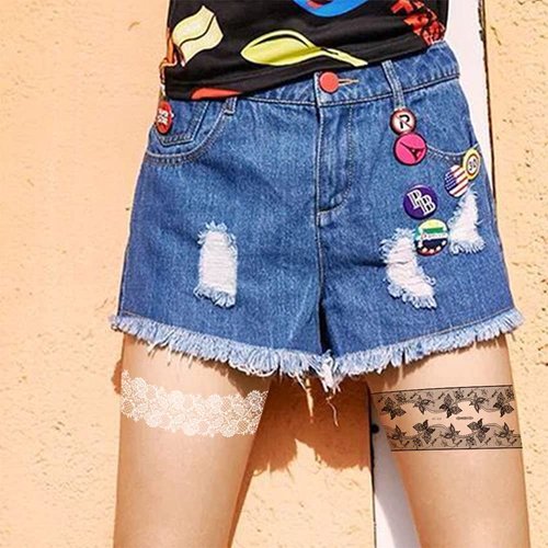 Sttiafay Lace Tattoo Stickers Sexy Black Lace Leg Fake Tattoo Summer Temporary Thigh Tattoo Wedding Art Stickers for Festival Beach Party