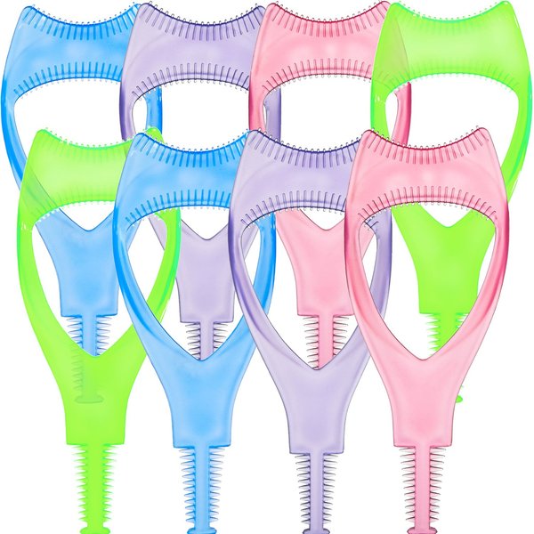 8 Pcs Hotop 3 in 1 Eyelashes Tools Mascara Shield Applicator Guard Eyelash Eyelash Brush Curler Guard Applicator Plastic Eyelashes Tool for Makeup, 4 Colors