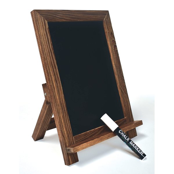 Better Office Products Framed Tabletop Chalkboard Sign, 9.5" x 14", Rustic Wood Frame, Small Magnetic Chalkboard, Built-in Ledge and Folding Stand, One White Chalk Marker Included,(Rustic Brown)