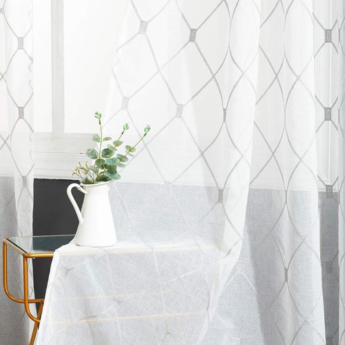 Top Finel White Sheer Curtains 90 Inches Long for Living Room,Grey Light Filtering Modern Embroidered Diamond Grommet Window Treatments Curtains for Bedroom,2 Panel Set,54x90