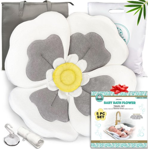 Baby Bath Flower for Sink - Flower Bathtub for Baby Organic 5pc Set -Blooming Baby Bath Flower Fits Bathtub Sink Tub -More Support for Newborns -Lotus Flower Baby Bath Mat for Boy or Girl (Grey)