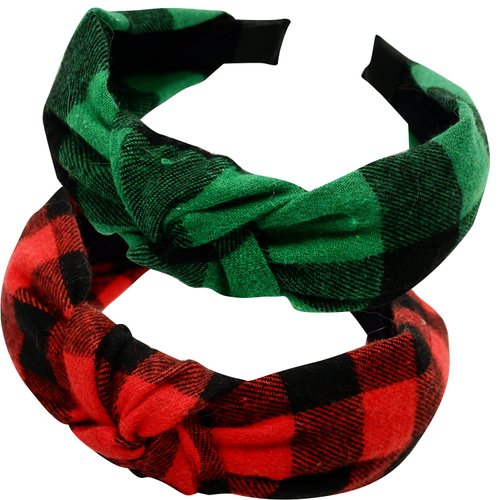 Christmas Headbands for Women, Christmas Headband for Girls, 2PCS Fashion Vintage Turban Christmas Hair Accessories, Retro Criss Cross Wide Knotted Plaid Headbands, Valentines Gifts for Her
