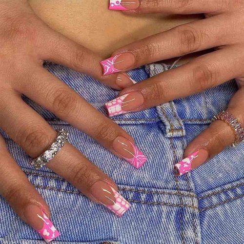 Enppode French Tip Press on Nails Long Fake Nail Pink Stick on Nails Coffin Nails for Women 24 PCS/Set