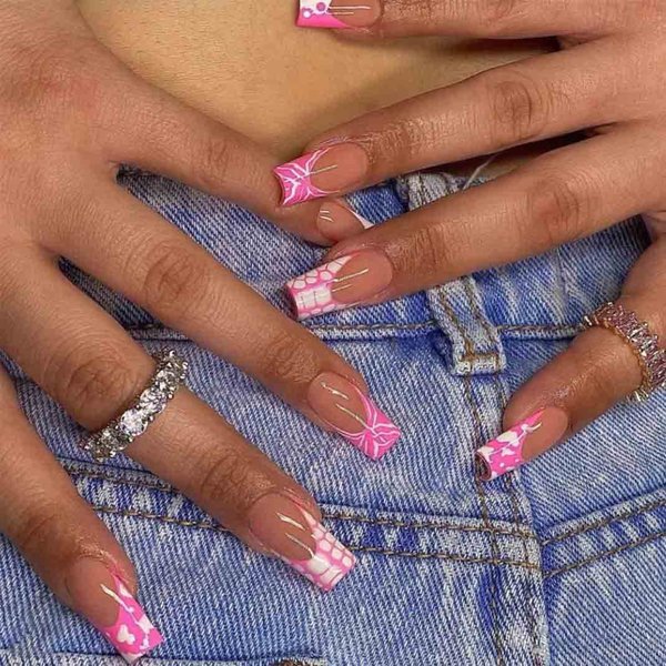 Enppode French Tip Press on Nails Long Fake Nail Pink Stick on Nails Coffin Nails for Women 24 PCS/Set