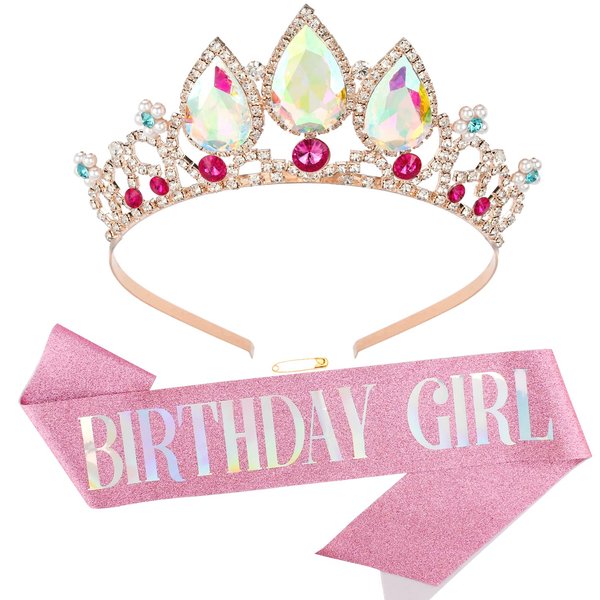 Aprince Birthday Sash, Tiara & Crown Headband for Women - Sparkling Crystal Tiara for Birthday & Halloween Costume - Complete Set for Birthday Celebrants