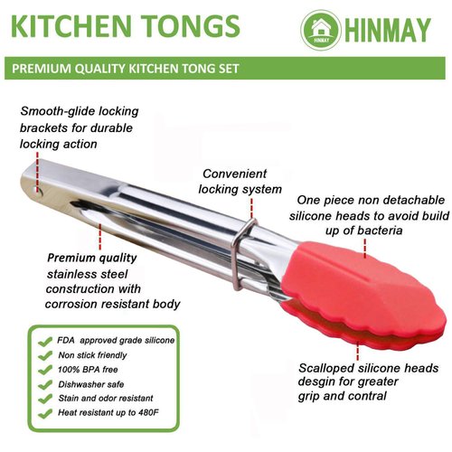 HINMAY Mini Tongs with Silicone Tips 7-Inch Serving Tongs, Set of 3 (Green Red Blue)