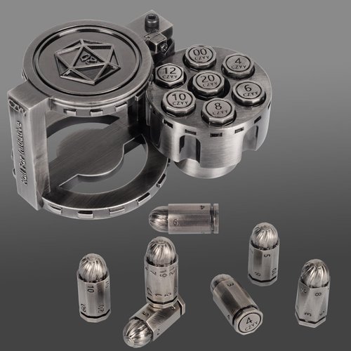CZYY Metal Polyhedral Bullet Dice Set of 7 with Spinning Revolver Cylinder Container - Cyberpunk Style Dice for Warhammer 40K, D&D, Sci-Fi, War, or Crime Theme Tabletop Games (Silver)