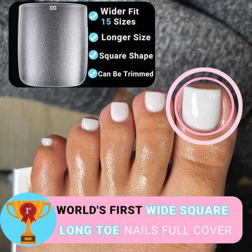 Wider Long Square Toe Nail Tips Full Cover, SINOKAME No File Matte Toe Nail Press Ons Clear, Soak Off Fake Toenails Extensions DIY Home Manicure Kit for Women Men,300 Pcs 15 Sizes