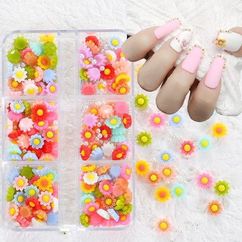 3D Flower Nail Charms Sunflower Nail Decals for Acrylic Nails Decoration Floral Nail Charms Flower Resin Small Steel Beads Mixed Size Colorful Flowers Design for Spring Nail Art Accessories 6 Grids