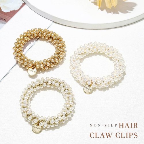 Fashey Pearl Hair Ties Elastic Ponytail Holder Beaded Hair Scrunchies Set Pearls Hair Bands Hair Accessories for Women and Girls(Pack of 3)