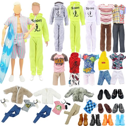 19 PCS Clothes for Doll Winter Cloth Including 1 Winter Coat 4 Casual Outfits ( 4 Tops and 4 Pants ) 1 Sport Set 6 Pair Shoes 1 Glasses 1 Surfboard for 12 Inch Boy Dolls for Girls