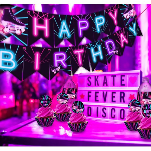 Roller Skating Glow Rainbow Happy Birthday Banner Pennant - Roller Skating Party Supplies - Roller Skating Party Decorations - Glow
