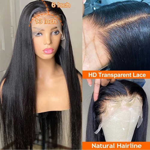 CUTE BEIN 13x6 Transparent Lace Front Wigs Human Hair Pre Plucked 150% Density Brazilian Straight Human Hair Wigs for Black Women 24 Inch HD Lace Frontal Wigs Natural Color
