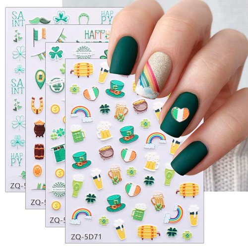 JMEOWIO 3D Embossed St Patricks Day Nail Art Stickers Decals Self-Adhesive Pegatinas Uñas 5D Green Clover Gold Hat Nail Supplies Nail Art Design Decoration Accessories 4 Sheets