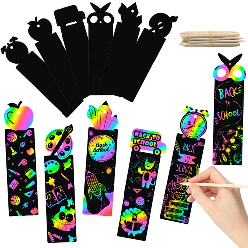 WATINC 60Pcs Welcome Back to School Scratch Bookmark, Magic Art Color DIY Craft Kit for Kids First Day of School Birthday Party Favor, Classroom Decoration, School Supplies Game for Boys Girls