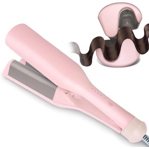 ANXINGJU Beach Waves Curling Iron 1.4 Inch Double Barrel Waver, Ceramic Wave Iron for Hair Crimper for Women, Anti-Scald, Dual Voltage Wavy Iron Deep Waver Hair Tool (Pink)