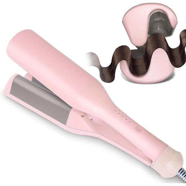 ANXINGJU Beach Waves Curling Iron 1.4 Inch Double Barrel Waver, Ceramic Wave Iron for Hair Crimper for Women, Anti-Scald, Dual Voltage Wavy Iron Deep Waver Hair Tool (Pink)