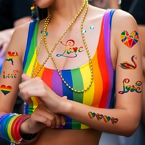 Rainbow Temporary Tattoos Pride Day Fake Tattoos Adult Women Rainbow Flags Hearts Love Flowers Ribbons Colorful Tattoo Kit Gay LGBTQ Pride Day Parade Party Makeup Body Face Decor Supplies 10 Sheets