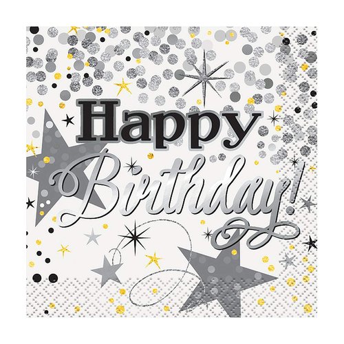 Foil Silver Glittering Birthday Beverage Napkins, 16ct