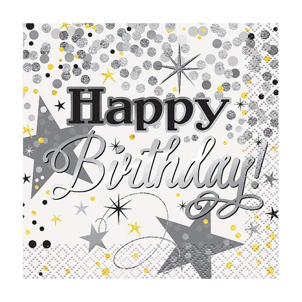 Foil Silver Glittering Birthday Beverage Napkins, 16ct