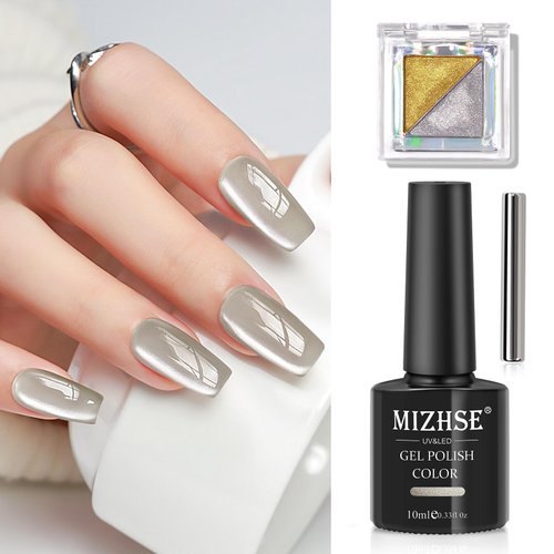 MIZHSE Cat Eye Gel Nail Polish: Silver Magnetic Gel Polish with Magnet Stick Metallic Mirror Chro...