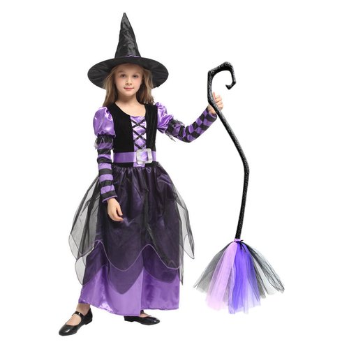 Witch Halloween Costumes for Girls Fairytale Cosplay Dress Up with Hat and Broom (Purple, 7-9 Years)