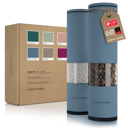 Lars Nysm Blue Stone 2 Piece Stainless Steel and Ceramic Salt and Pepper Mill Set with Manual Grinder