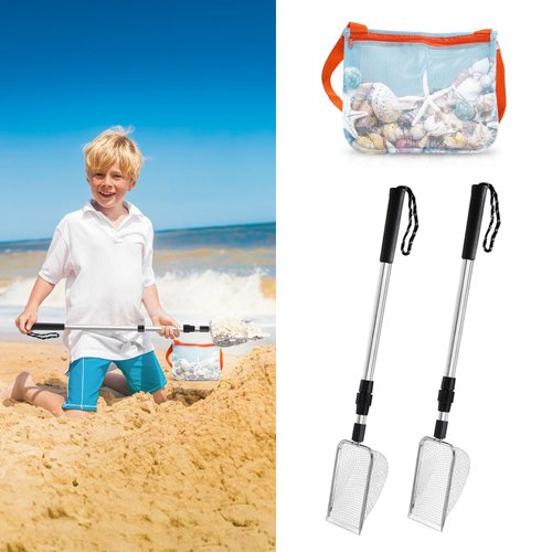 2 Pcs Shark Tooth Sand Sifter, Shell Scooper for Beach with 1 Pcs Mesh Beach Bag, Sand Dipper Shovel and Shelling Tools with Retractable Long Handle for Adults and Kids
