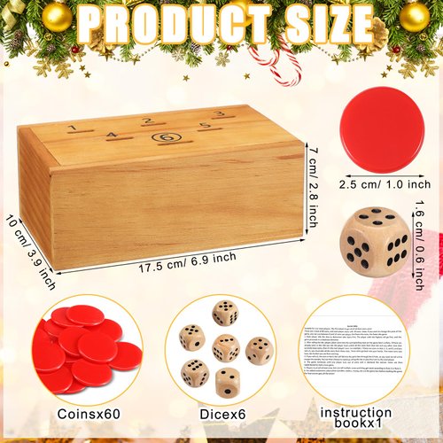 Realspring Penny Game Pennies Dice Games Family Fun Board Game Wooden Penny Game Box 6 Wooden Dice 60 Red Plastic Coins for 2-6 Players to Interact with Family and Friends