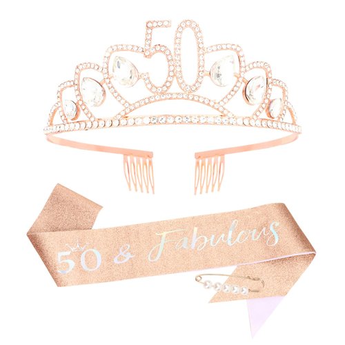 Amariver 50th Birthday Sash and Crown for Women Rose Gold Birthday Crown 50&Fabulous Birthday Sash Rhinestones Birthday Tiara Happy Birthday Crown Glitter Sash Birthday Decoration for Party Gifts