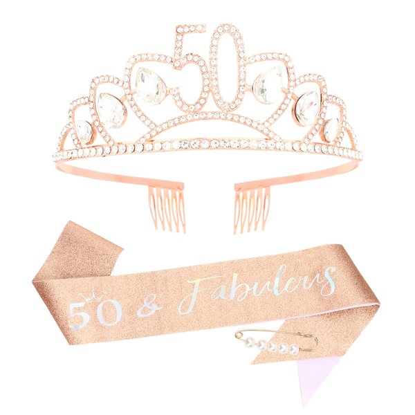 Amariver 50th Birthday Sash and Crown for Women Rose Gold Birthday Crown 50&Fabulous Birthday Sash Rhinestones Birthday Tiara Happy Birthday Crown Glitter Sash Birthday Decoration for Party Gifts