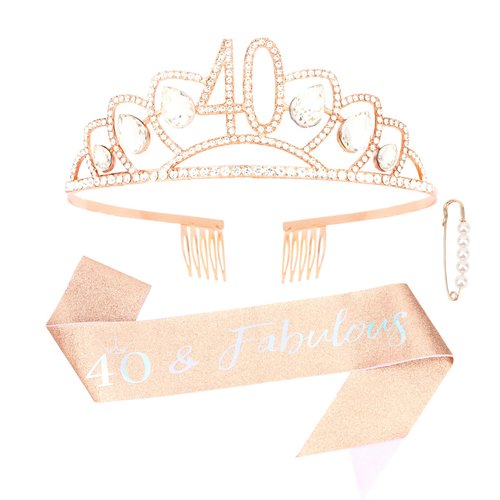 CURASA Birthday Sash and Crown for Women 40th Birthday Sash Rose Gold Birthday Crown Adult Women Rhinestone Birthday Tiara Rose Gold 40 & Fabulous Sash Birthday Decoration for Party Gifts