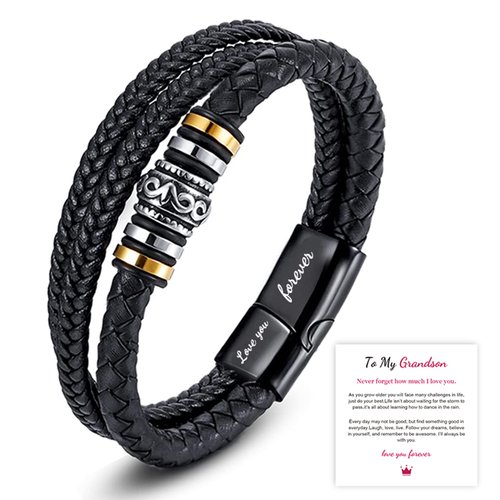 To My Grandson Braided Leather Bracelet‘I Will Always Be with You'Braided Leather Bracelet for Men,Handmade Braided Rope Wristband Bracelet Gift for Son (To My Grandson)