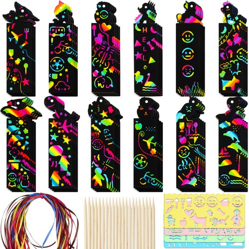 Yexiya 96 Pcs Animal Scratch Bookmarks Rainbow Colored Scratch Paper DIY Bookmark Crafts for with 96 Colorful Ropes 24 Wood Stylus and 4 Drawing Stencils for Birthday Party Favors Gift Bags