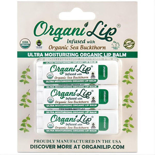Organic Lip Balm, Spearmint Flavor, Ultra Hydrating Lip Moisturizer for Dry Lips, Oval Shaped Tube, USDA Certified Organic, 3 Pack - OrganiLip